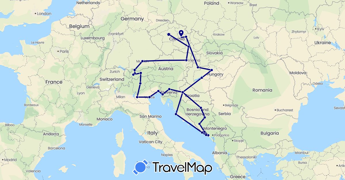 TravelMap itinerary: driving in Austria, Bosnia and Herzegovina, Czech Republic, Germany, Croatia, Hungary, Italy, Montenegro, Slovenia (Europe)